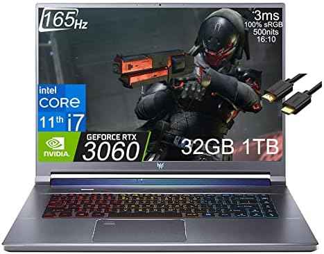 Acer Predator Helios Triton 500 SE Gaming Laptop (16 inches QHD+ 165Hz, Intel 8-Core i7-11800H, 32GB RAM, 1TB SSD, RTX 3060 6GB), 3-Zone RGB Backlit, IST Cable, Win 10 Home / 11 Home – Steel Gray